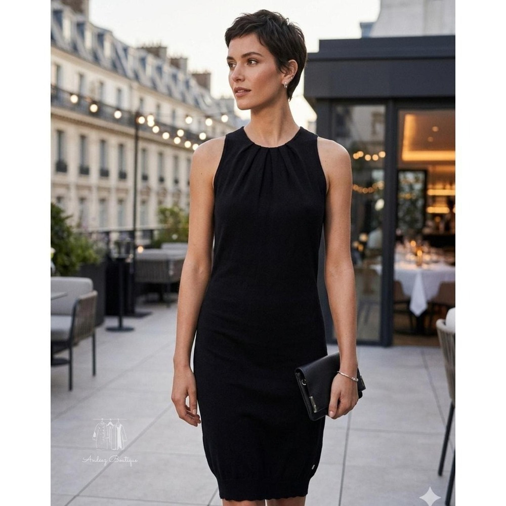 Sisley Sheath Dress Womens XS Black Excellent Pleated Neck Fine Knit Bodycon LBD